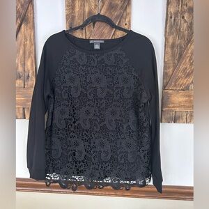 Adrianna Papell Black Lace Overlay Front Crewneck Sweatshirt Women’s Medium